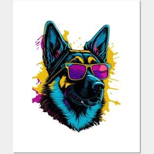 Neon German Shepherd with Sunglasses Posters and Art